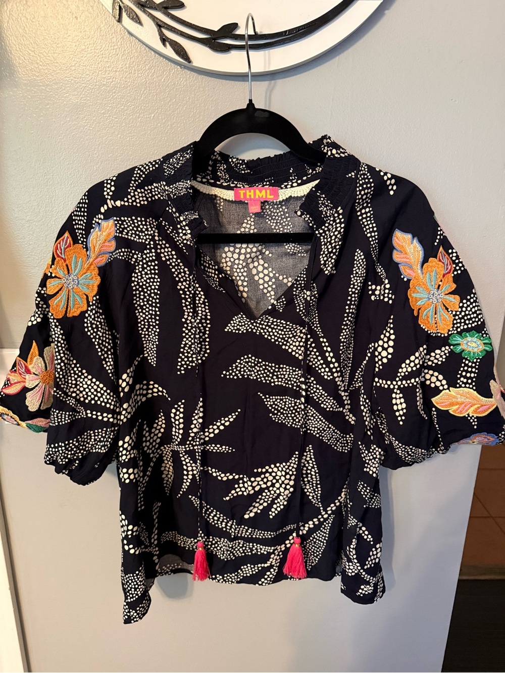 THML Black Blouse with Colorful Floral Embroidery and Pink Tassels